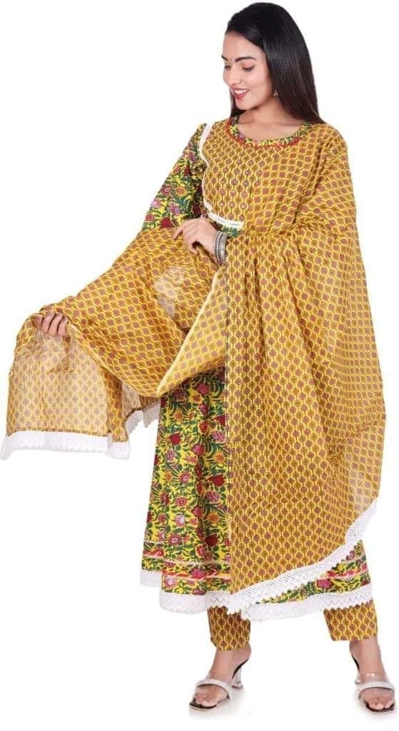 MANMAYEE Women's Badala Work On Yoke Cotton Kurti With Pant & Dupatta | Flared Kurti Set view 2