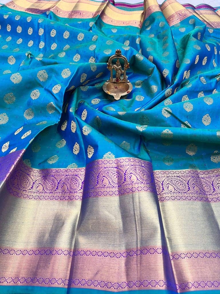 Sea Green with Magenta Color Silk Saree Has Small Butta Design with Unstitched Blouse view 2