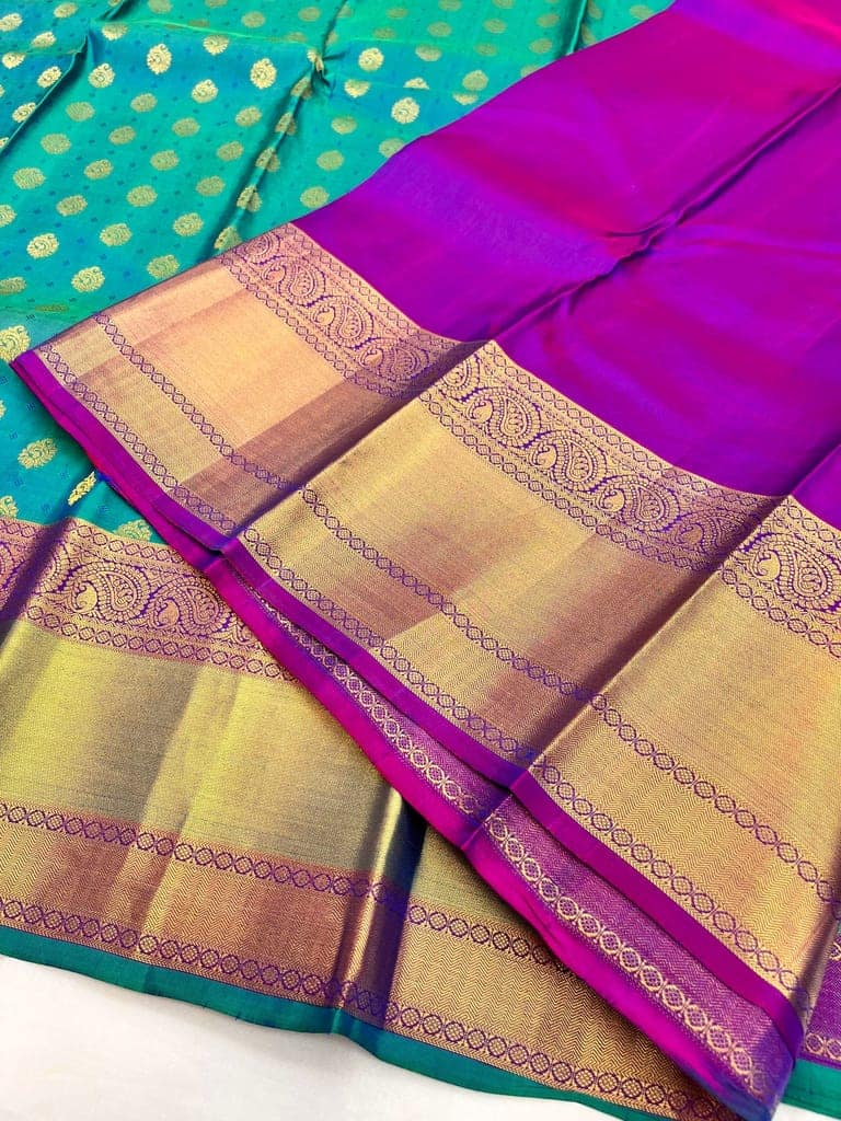 Sea Green with Magenta Color Silk Saree Has Small Butta Design with Unstitched Blouse view 3