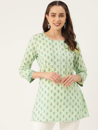 Ethnic Motifs Printed Pure Cotton Mirror Work Pleated Kurti