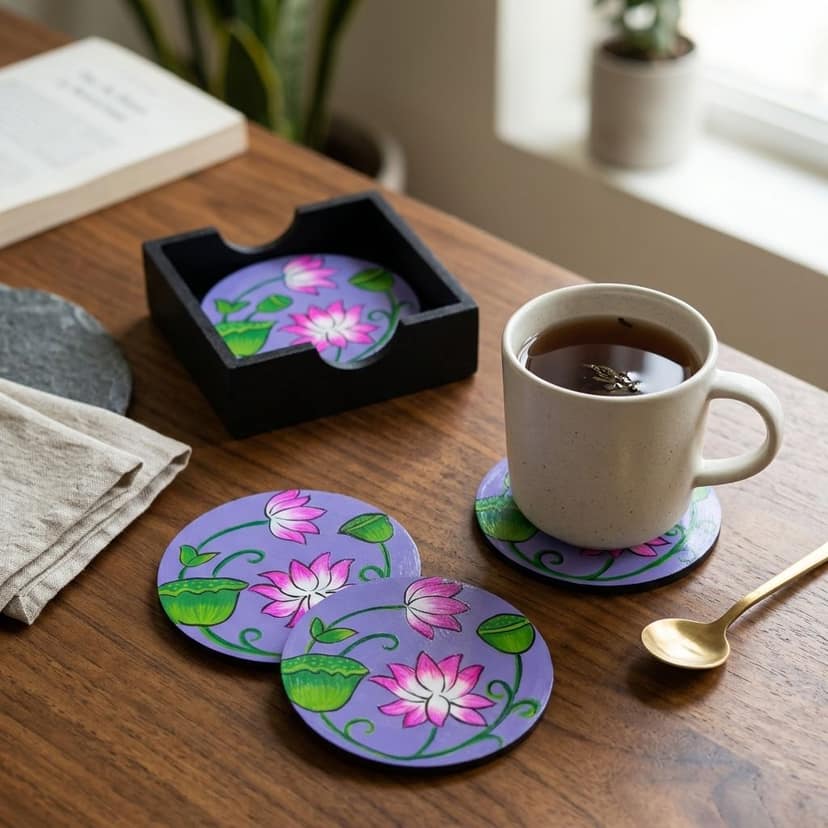 Hand Painted Wooden Pichwai Art Round Shape Purple Color Set of 4 Coasters With Resin Layer view 2
