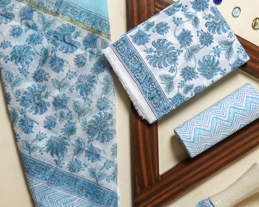 Floral Hand Block Print Pure Cotton Suit Material with Kota Doria Dupatta (3CKD356) view 3