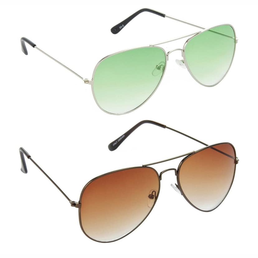 HRINKAR Men Women Boys & Girls Pilot Sunglasses Silver & Brown Frame, Green & Brown Lens (Medium) Pack of - 2