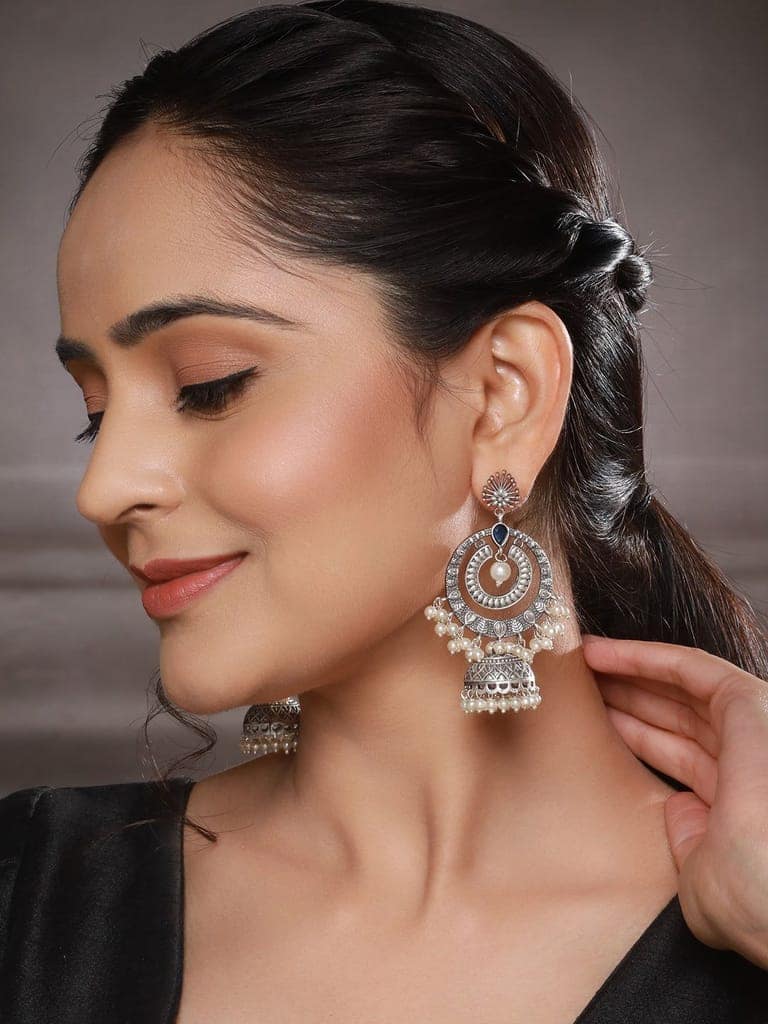 Silver Toned Oxidised Blue AD Studded Handcrafted Contemporary Chandbali Jhumkas Earrings view 3