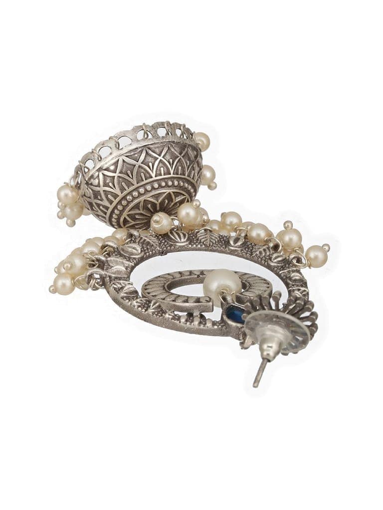 Silver Toned Oxidised Blue AD Studded Handcrafted Contemporary Chandbali Jhumkas Earrings view 7