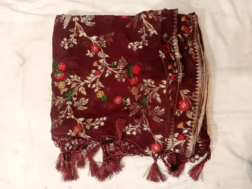 Embroidered Tussar Brown Silk Saree view 3