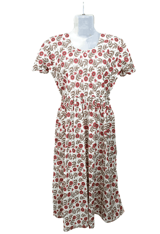 Women's White Floral Printed Cotton Midi Dress with Elasticated Waist