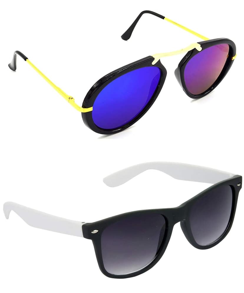 Hrinkar Unisex Wrap-around Sunglasses Golden & White Frame, Pink & Grey Lens (Medium) - Pack of 2