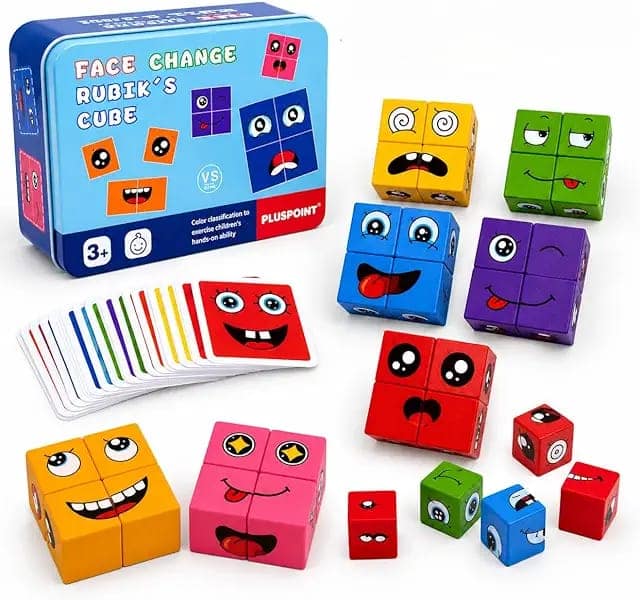 PLUSPOINT Wooden Emoji Face Changing Cube Puzzle Game Expressions Matching Block Puzzles Building Logical Educational Training Toys 16 Face Blocks & 72 Playing Cards Birthday Gift for Kids Boys Girls view 3