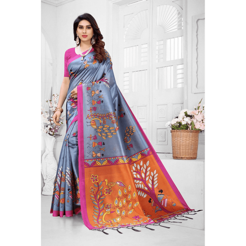 TheHangr Beautiful Art Silk Saree With Magnificent Print With Blouse Piece - Steel Grey