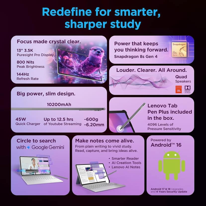 Lenovo Idea Tab Pro Gen 2 with Pen Plus | 13" Display, 3.5K Resolution, 144Hz Refresh | 8GB, 256GB | Snapdragon 8s Gen 4 | 10200mAh | 4 JBL Speakers| USB 3.0 with DP-Out | Wi-Fi 7 | Luna Grey view 10