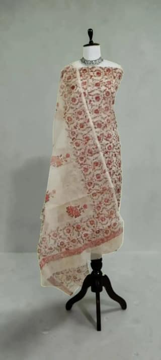 Handwoven Kota Doria Cotton-Silk Dress Material with Hand Embroidery