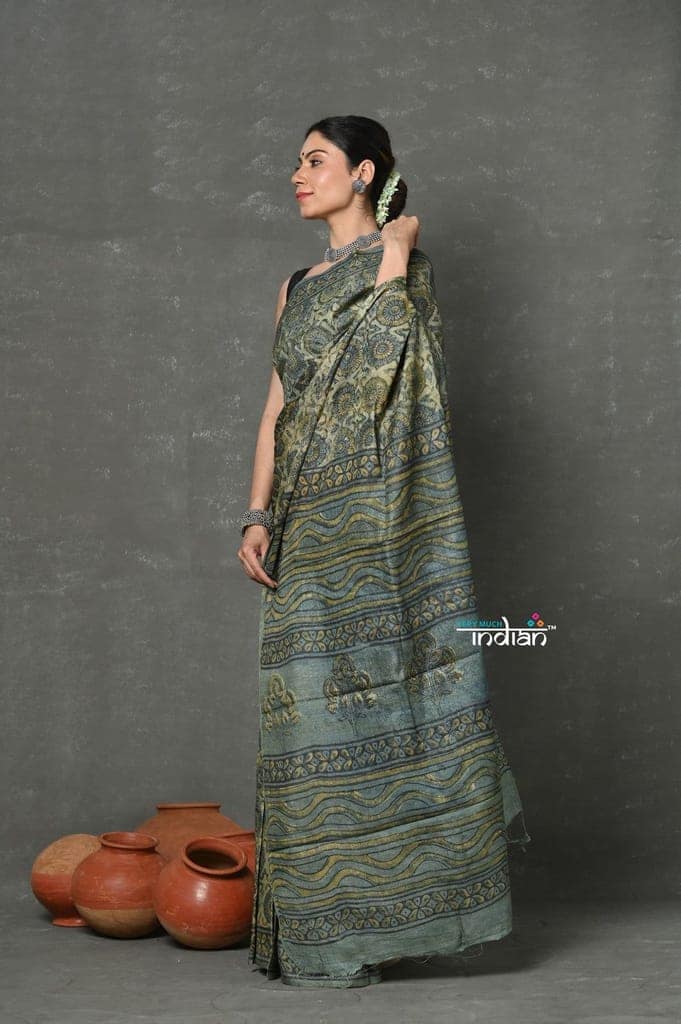 Tyohaar ~ Pure Handloom Tussar Silk with Handblock Print by Khadigram Certified Weavers ~ Khadi Green view 2