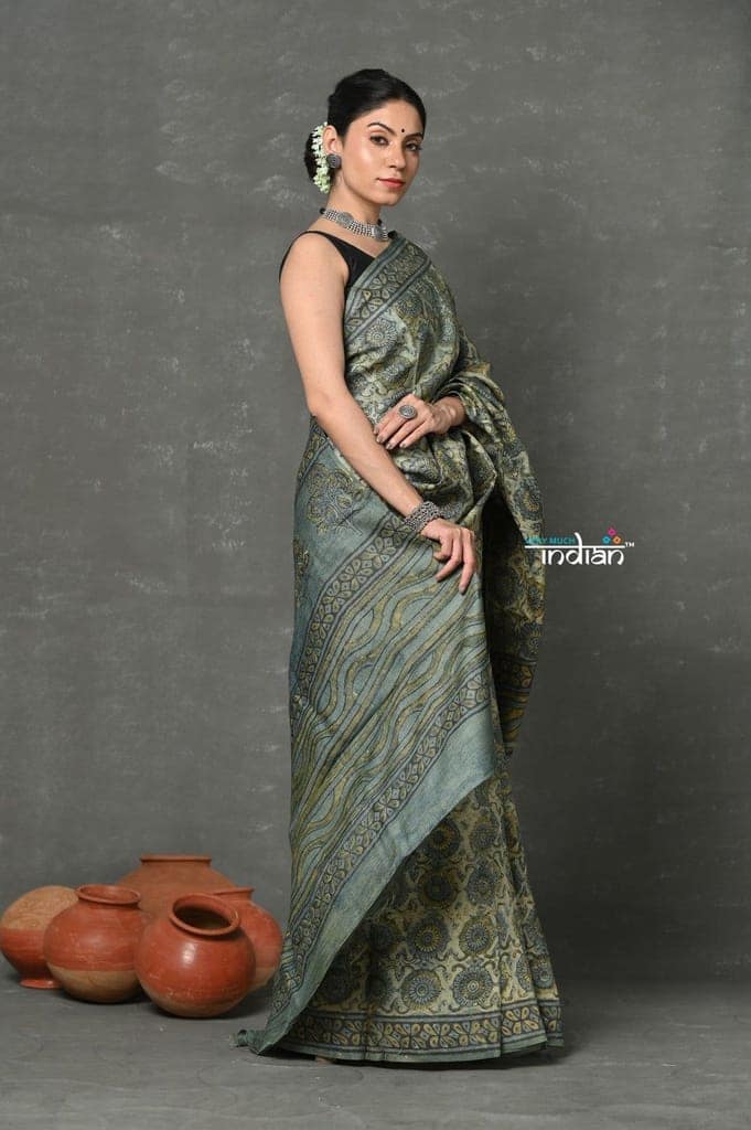 Tyohaar ~ Pure Handloom Tussar Silk with Handblock Print by Khadigram Certified Weavers ~ Khadi Green view 3