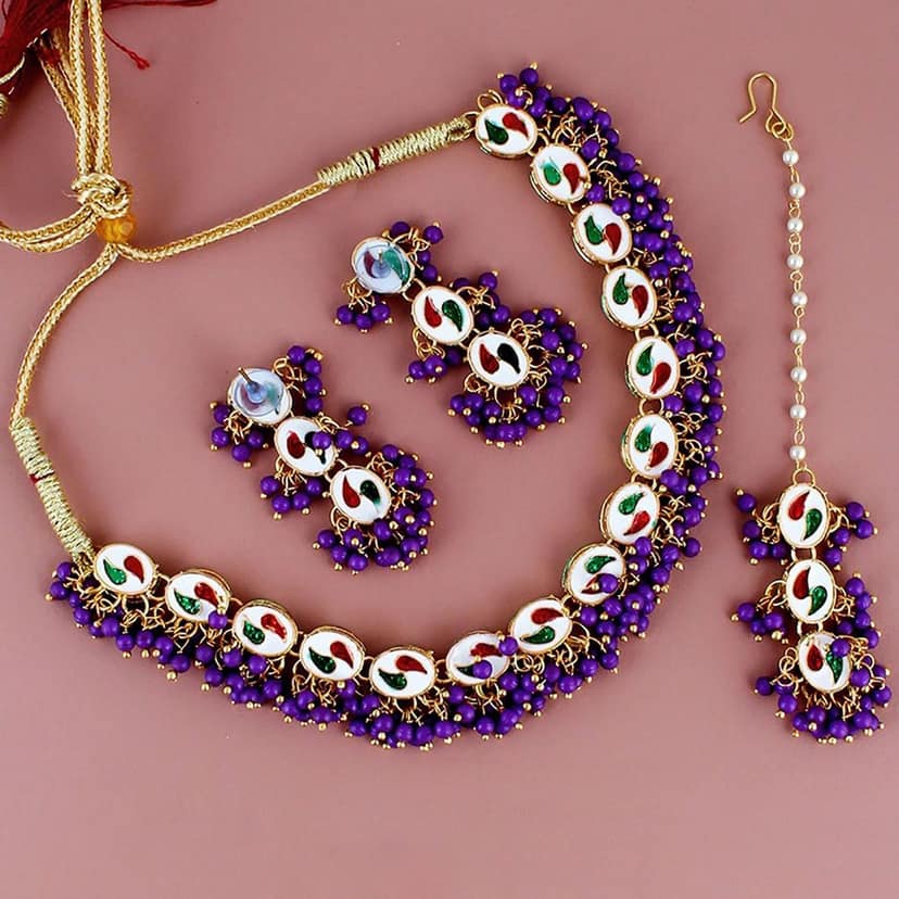 LUCKY JEWELLERY Back Meenakari 18k Gold Plated Purple Color Tika Earring Combo Uncut Big Faux Kundan Choker Necklace set (796-J5SK-1811-P) view 2