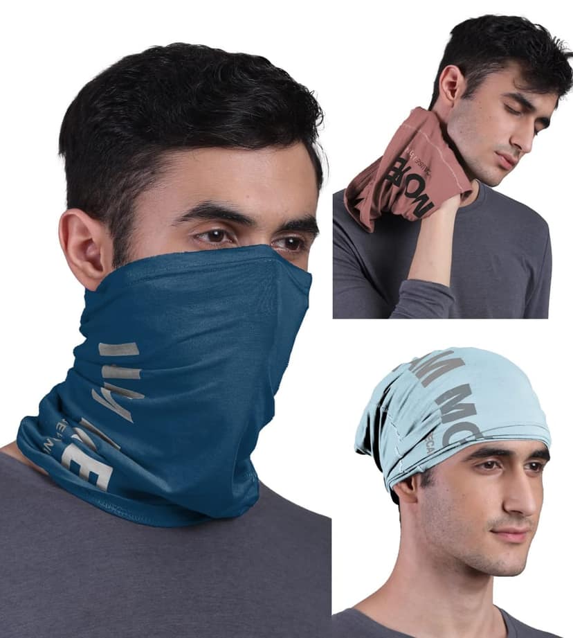 FREECULTR Unisex Bamboo Bandana, Anti Microbial Super Soft & Comfort Fit, Breathable Multipurpose Headband - Printed Pack of 3-Chalk Blue,Cuban Peach,Sapphire Blue