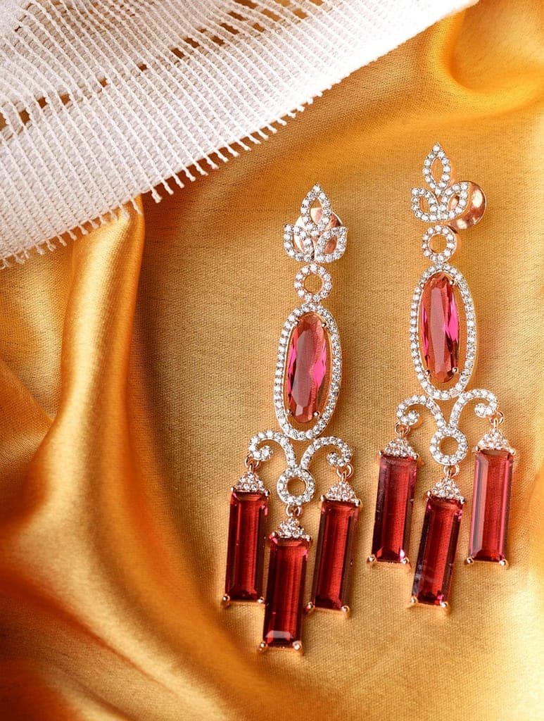 Rose Gold plated Ruby AD studded Drop Earrings view 2