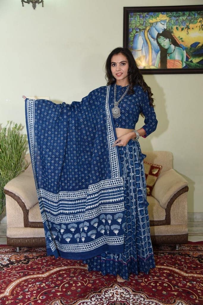 Cotton Lehanga Handblock Printed Space Cadet Blue Color and Top With Mulmul Dupatta (Size 34-46)-5089 view 2