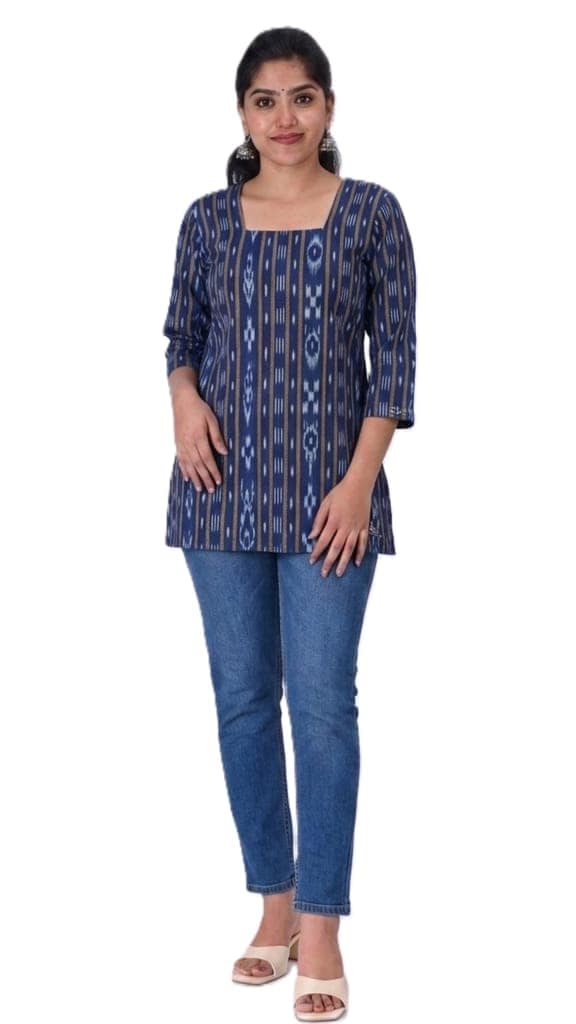 GHL Women's Premium Sambalpuri Ikat Handloom Cotton Short Kurti | Square Neck Ethnic Top | Office Wear, College Wear & Casual Kurti for Women view 5