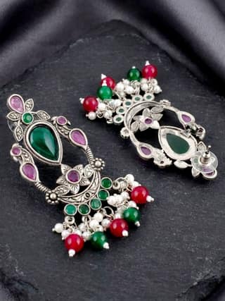 LUCKY JEWELLERY Oxidised Green Stone Chandelier Earrings with Magenta & Green (476-KEO-16219-RG)
