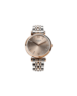 Qorum Evara Ladies Watch – Platinum Grey Dial, Two-tone Rose Gold Plated Stainless Steel Strap