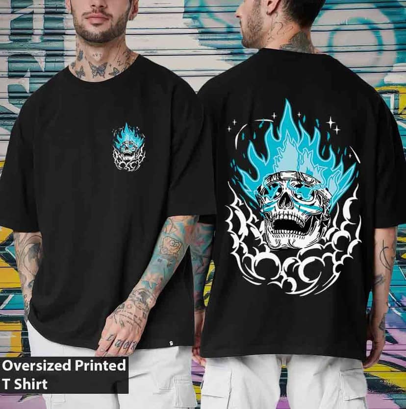 SCOTT FINCHER Men's Blue Flame Skull T-Shirt | Streetwear Graphic Tee | Casual Cotton Short Sleeve Top : AA(ARN)BLACK_173 view 3