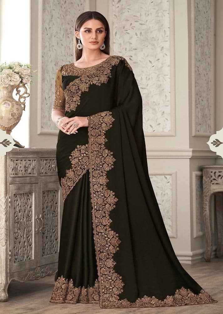 Embroidered Satin Georgette Saree in Dark Green
