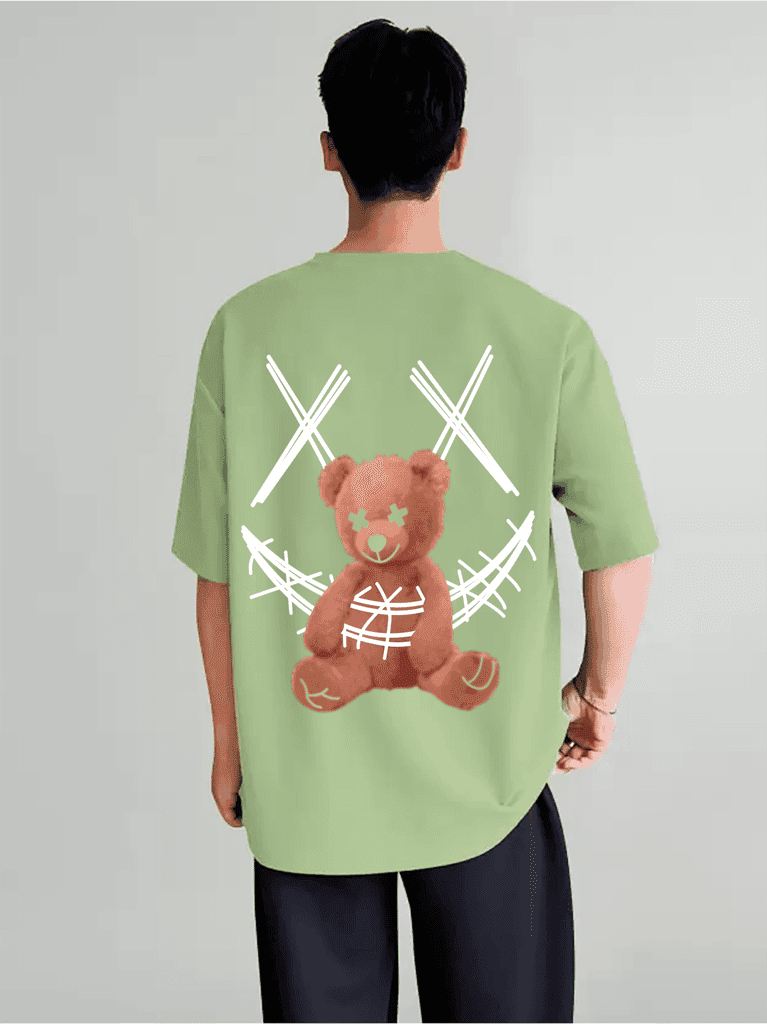 SCOTT FINCHER Men's Streetwear Hip Hop T-Shirt with Distressed Teddy Bear Graphic printed T-Shirt : AA(ARN)LGREEN_08