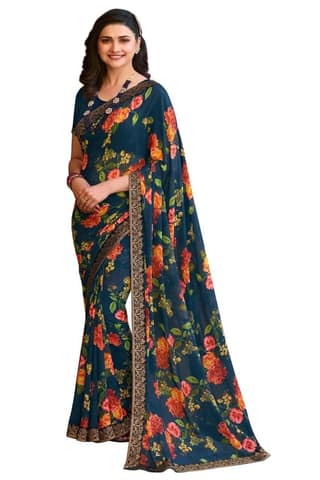 HHK Fashion Women's Printed Georgette 5.5 Meter Saree with Unstitched Blouse Piece