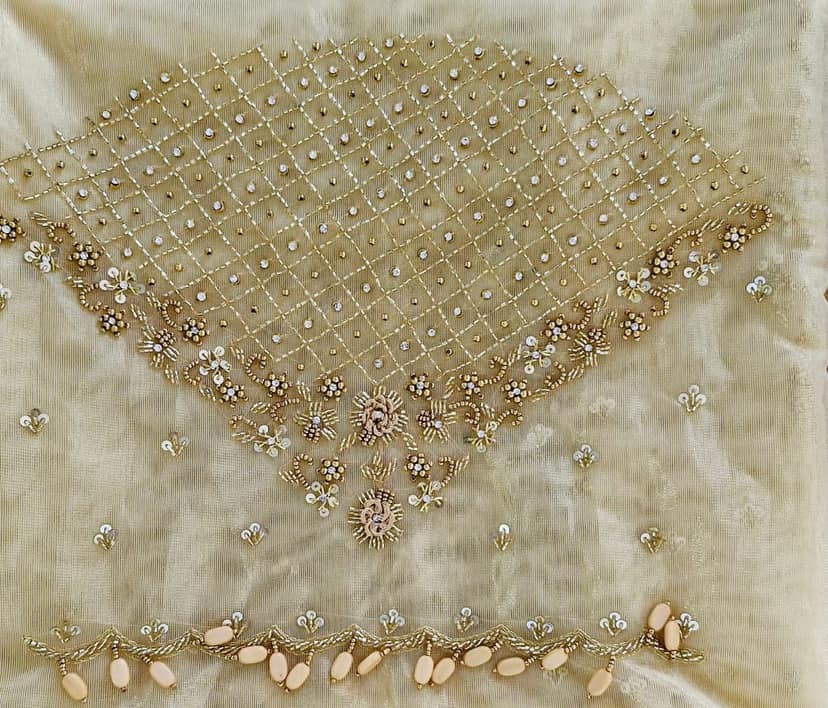 Exquisite Hand Embroidered Blouse Neckline with Zardozi, Beads and Sequins Work view 3