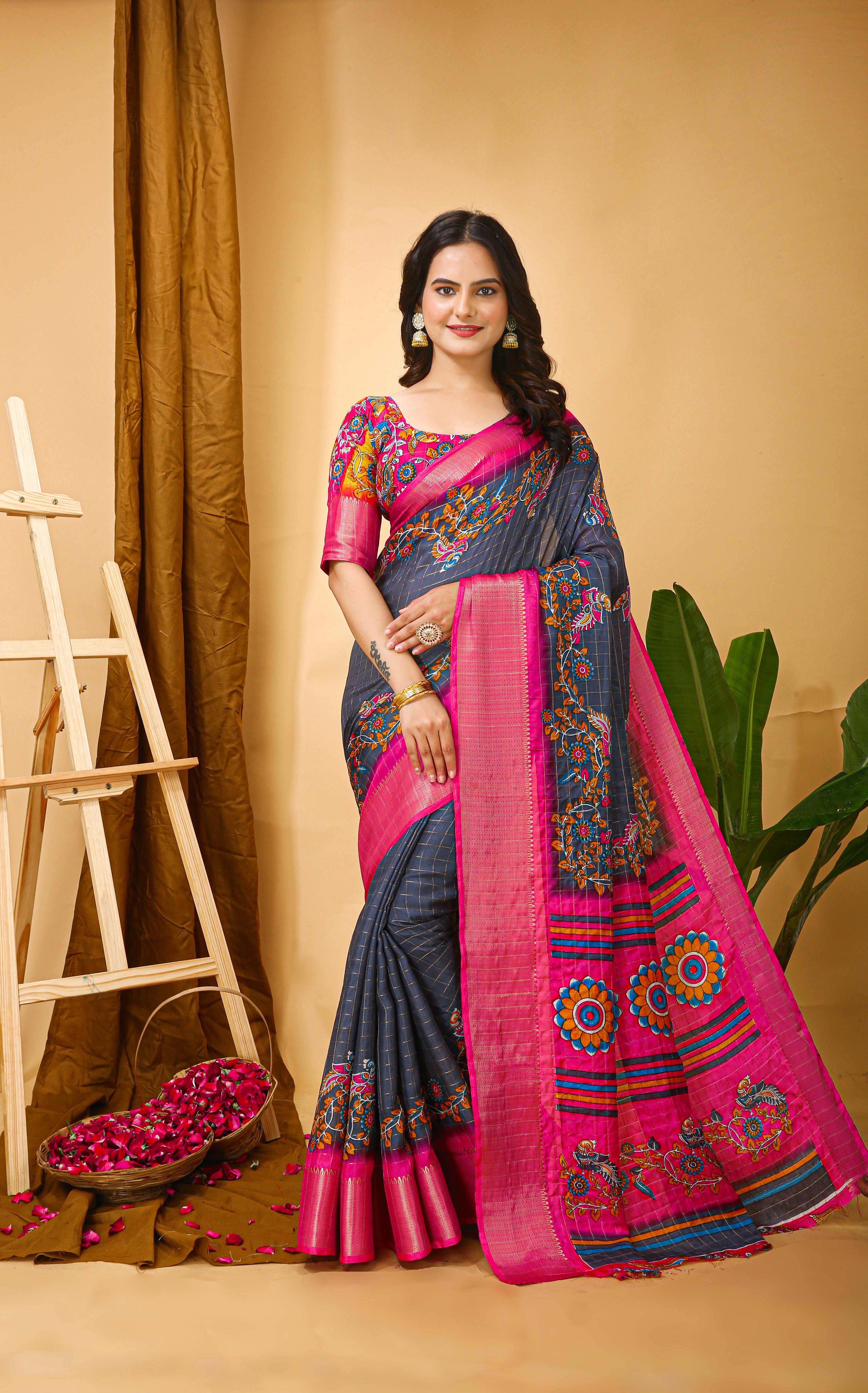 Kalamkari Print Dola Silk Saree