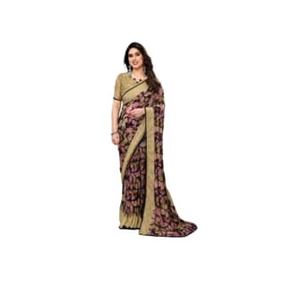 womens chiffon printed saree with unstitched blouse 5mtr beige pid63873