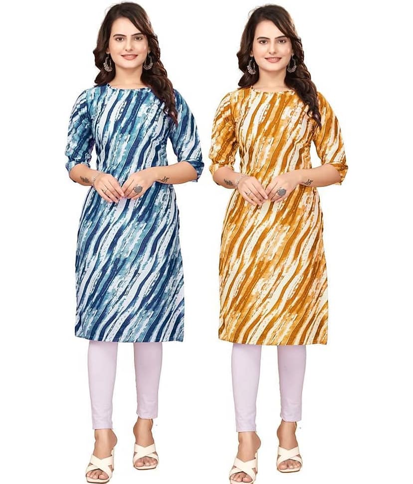 VACHHARAJ GROUP Crepe Printed Straight Women's Kurti - Blue,Yellow ( Pack of 2 )