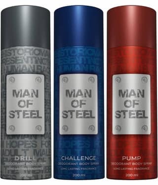 Man Of Steel Drill, Challenge, Pump Long Lasting Deodorant Spray for Men 200 ml Each ( Pack of 3 )