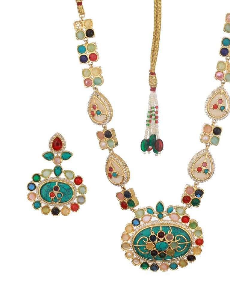 Gold plated Multicoloured Stones Studded Floral Double Layered Necklace Jewellery Set view 6