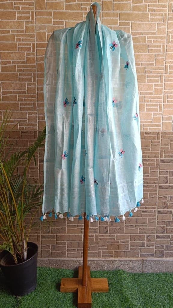 Pure Linen Dupatta Embroidered Pewter Blue Color with Tassel-9236 view 2
