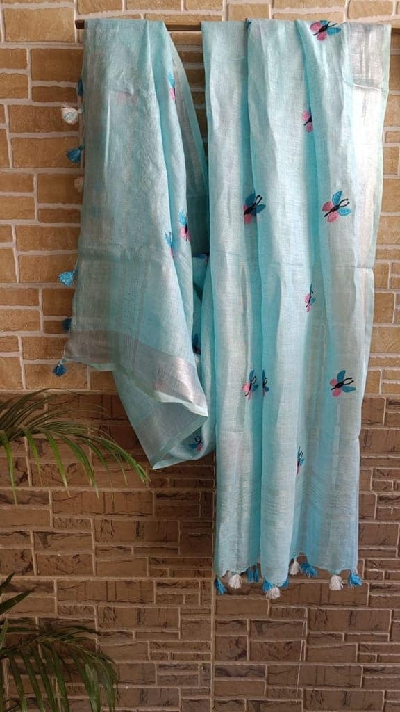 Pure Linen Dupatta Embroidered Pewter Blue Color with Tassel-9236 view 3