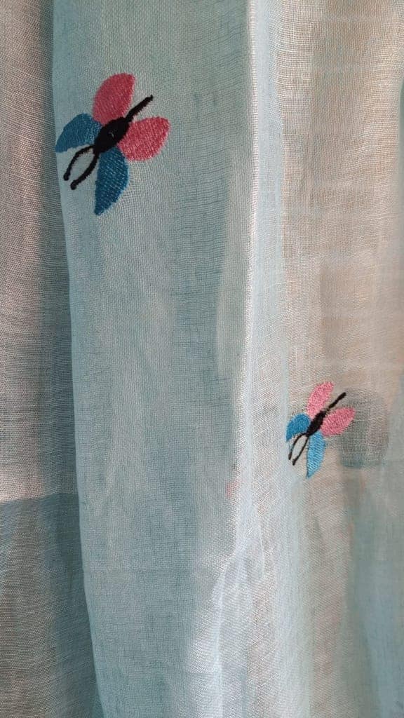 Pure Linen Dupatta Embroidered Pewter Blue Color with Tassel-9236 view 4