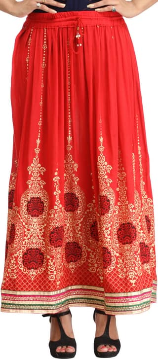 Lollipop-Red Embellished Long Skirt with Golden Print and Embroidered Patch Border