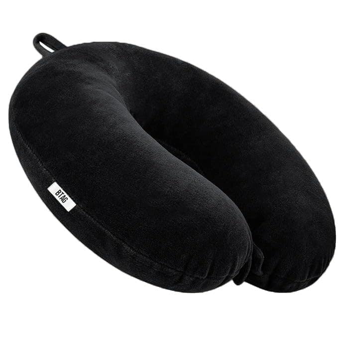 Btag Travel Neck Pillow for Men & Women | Soft Fibre Cushion for Flight, Car & Train | Soft Velvet Fabric with Attachable Snap Strap | Cervical Support for Neck Pain Relief. Pack of 1 (Black) Btag Travel Neck Pillow for Men & Women | Soft Fibre Cushion f
