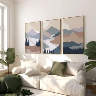Rustic Charm Set of 3 Abstract Landscape Wall Art for Living room, Office and Hotel | Mountains River|9 x 13 inches (A4)|Beige