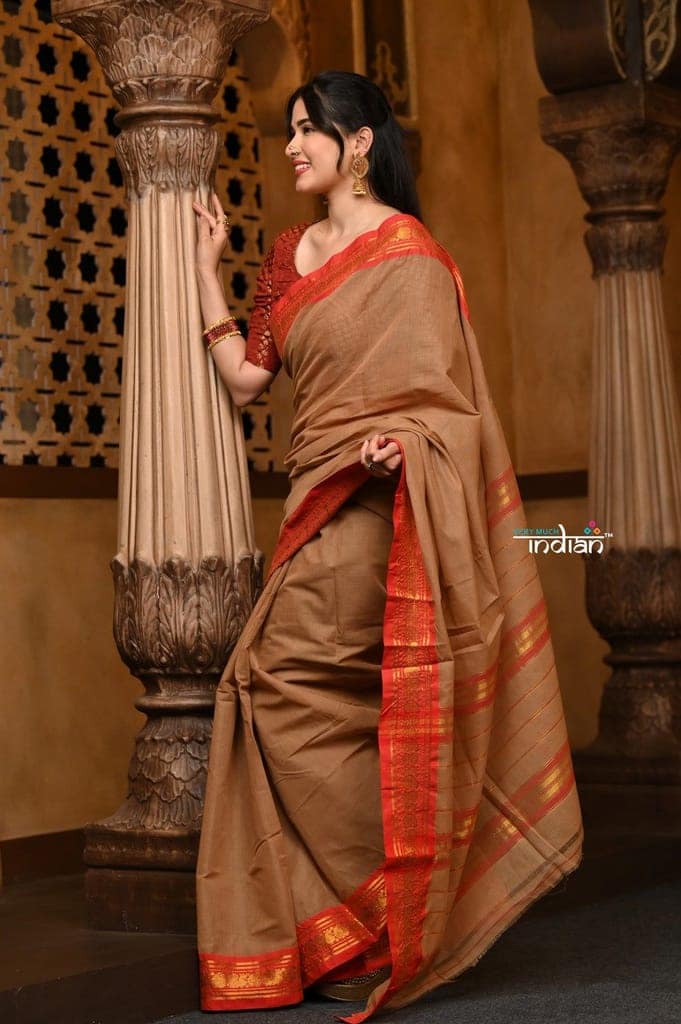 Parampara ~ Pure Cotton Saree in Regal Shady Red with Exclusive Zari Border & Pallu view 2