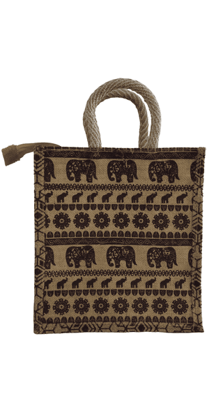 Printed Elephant Jute Handbag with Rope Handles