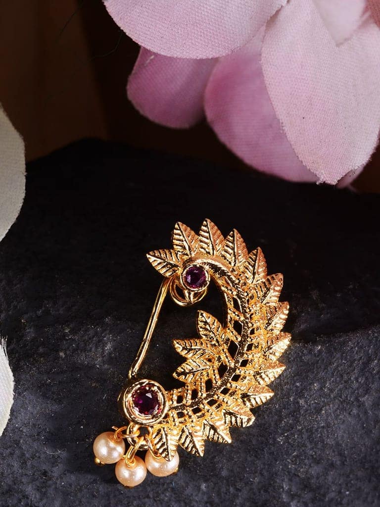 Gold toned Red stone Studded Marathi Nath Nosepin view 2