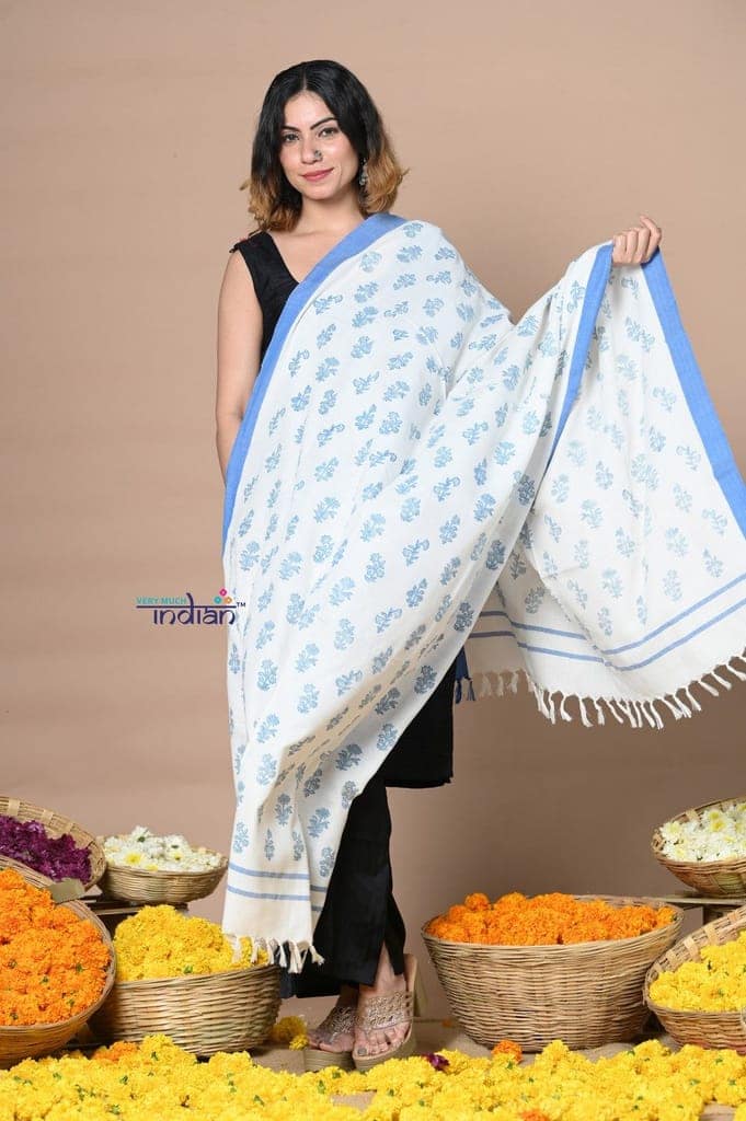 Rajsi~Handloom Pure Cotton Dupatta With Beautiful Handweave and Designer Tassels ~ Blue view 2