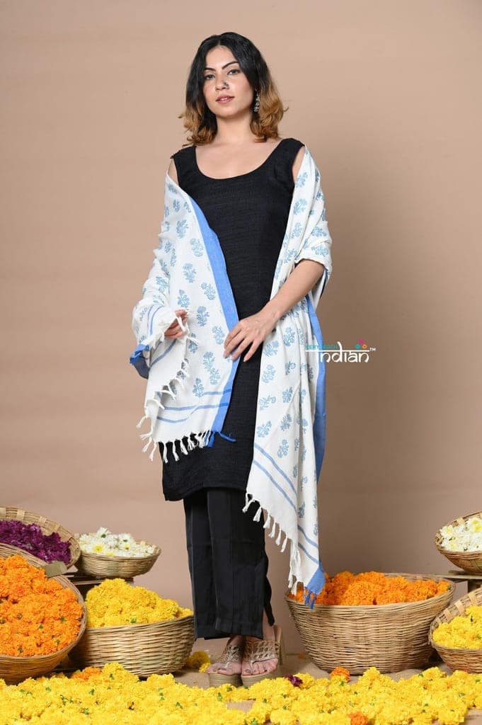 Rajsi~Handloom Pure Cotton Dupatta With Beautiful Handweave and Designer Tassels ~ Blue view 4