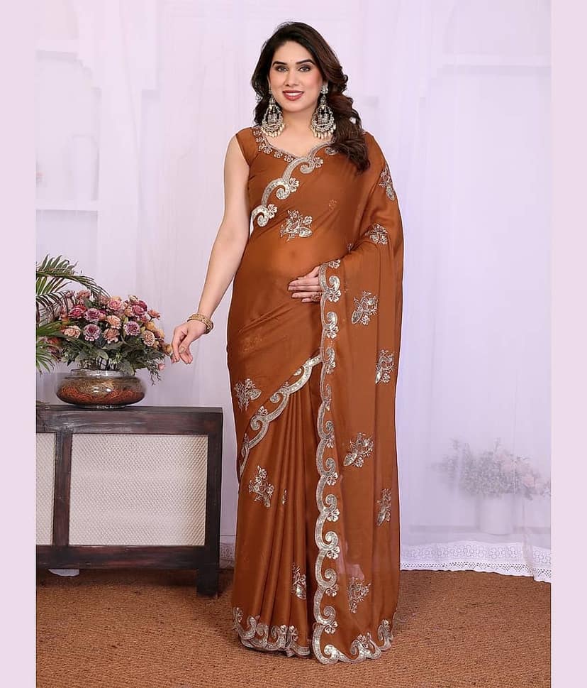 BLEESBURY Georgette Embroidered Regular Saree With Unstitched Blouse Piece ( Brown )