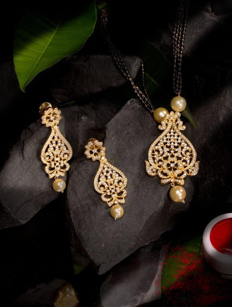 Gold Plated White AD and Pearl studded Antique Pendant Necklace Black Beads Pearl Mala and Earrings view 2