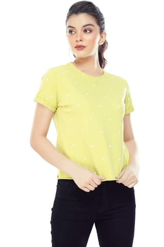 Zeyo Women Cotton Bottle Green Heart Printed Short Sleeve Crop Top