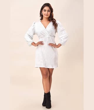 NeshamaKurti Polyester Striped Above Knee Women's Wrap Dress - White ( Pack of 1 )